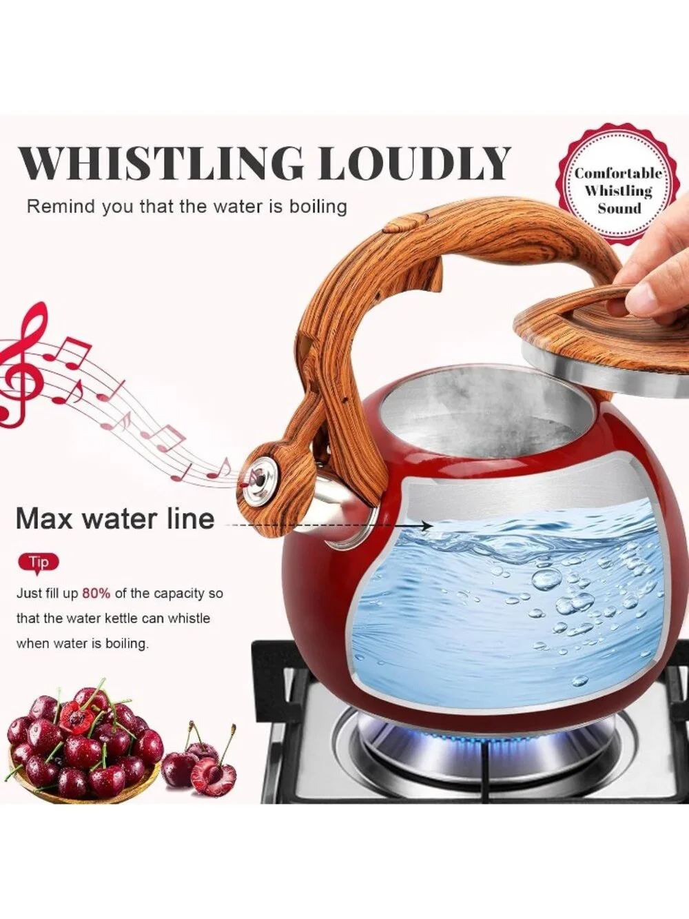 Kitchen Cherry Red Boiling Water Coffee or Milk Wood Pattern Handle Tea Kettle